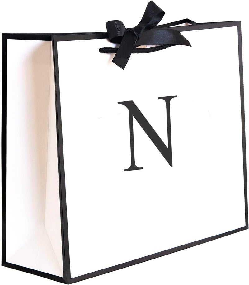 QLSKO Initial Gift Bag with Bow Ribbon Personalized Horizontal Paper Bag Monogrammed Birthday Gifts for Women Men (N-Medium) - Image 1